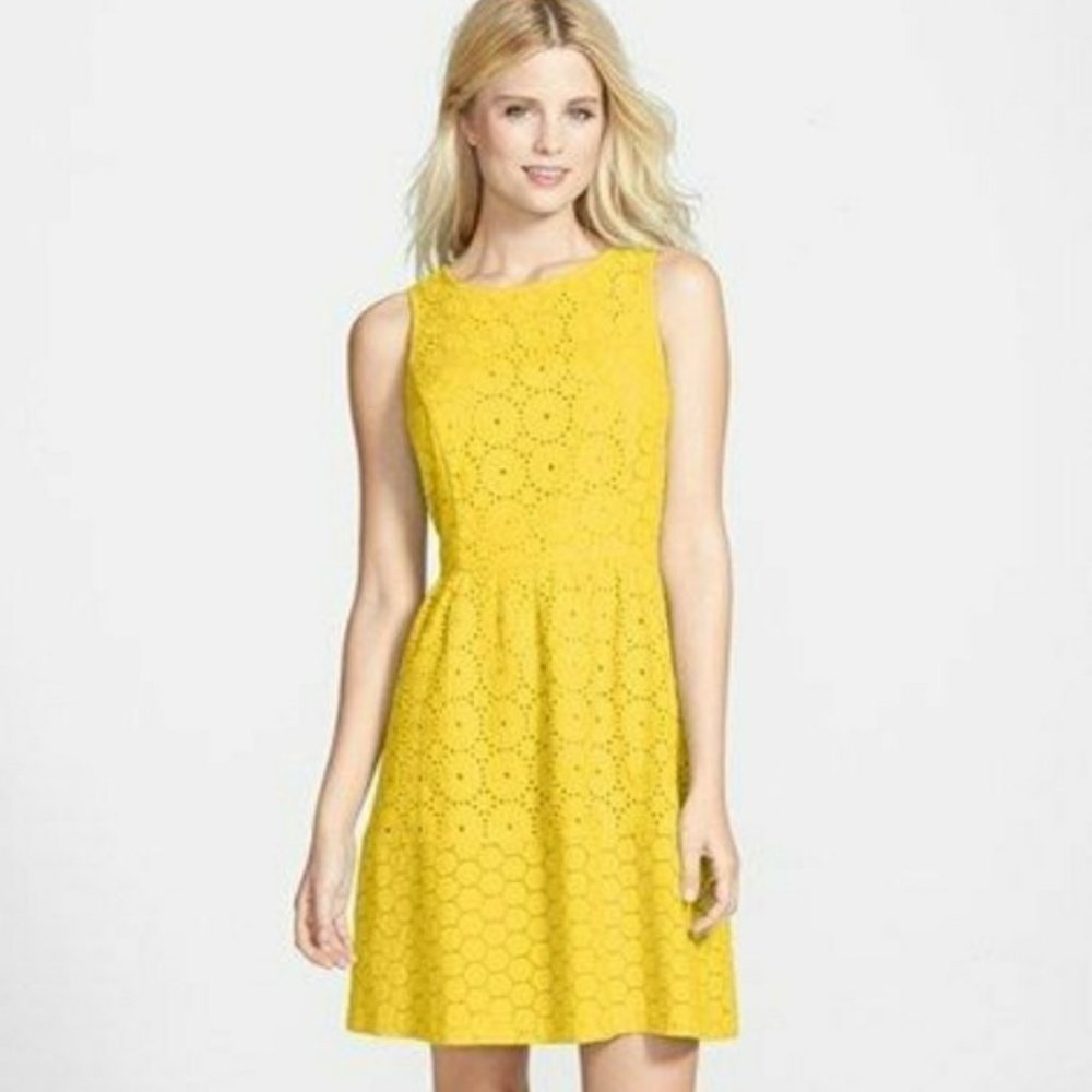 KENSIE yellow eyelet fit and flare dress